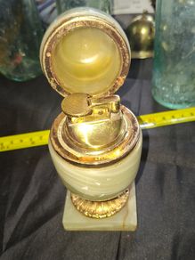 Beautiful Large Old Egg Shape Table Lighter with a Onyx Base and a Brass Mechanism, Postage Available
