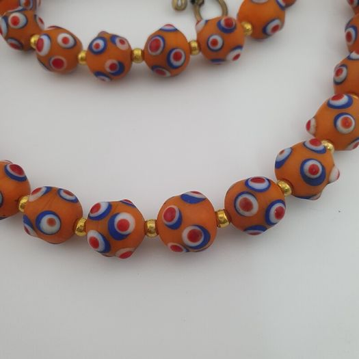 Antique Venetian Style Skunk Eyes Orange Glass Beads Necklace