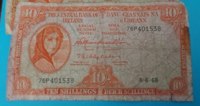 Irish 1968  X 5 Lavery ten shilling banknote in used condition