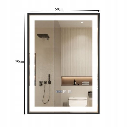 LED Bathroom Mirror Antifog Black Frame Clock