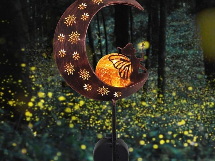 100cm Metal Fairy Sitting on Moon Solar Lights for Garden Ornaments Outdoor, Solar Stake with Crackle Glass Ball, Decorative Garden Gifts for Flowerbed, Walkway, Pathway