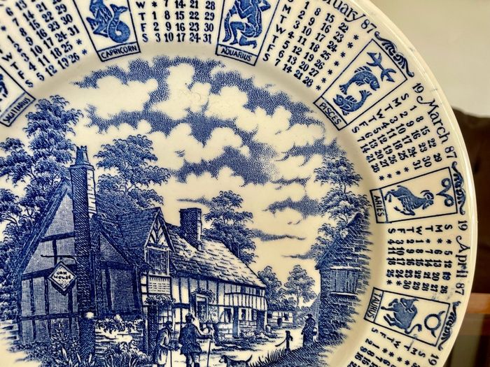 Vintage 1987 Calendar Plate English Blue and White Ironstone Rustic Wall Decor Retro Gift