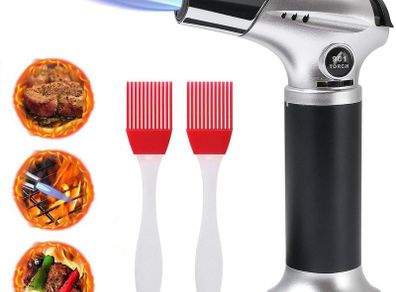 Blow Torch, Kitchen Torch, Refillable Butane Gas Torch Lighter with Safety Lock, Adjustable Flame with 2 Brush for Cooking, BBQ, Pastries, Soldering (Butane Gas Not Included) Silver