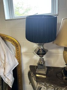 Large silver Table Lamp with Navy Blue Pleated Drum Shade