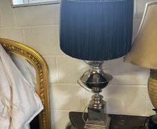 Large silver Table Lamp with Navy Blue Pleated Drum Shade