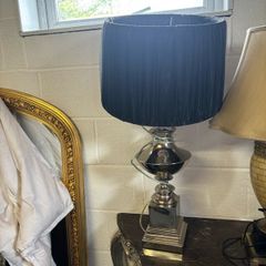 Large silver Table Lamp with Navy Blue Pleated Drum Shade