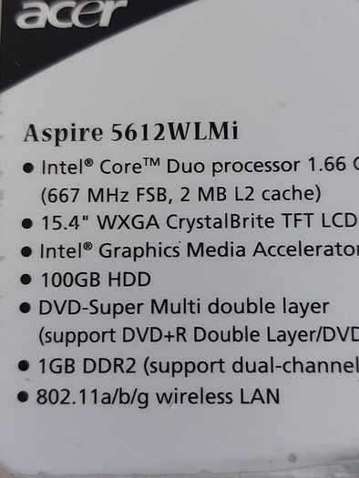Vintage Acer Aspire. 5612 WLMi, Intel Core Duo Processor, CPU T2300, 1.66GHZ, 32 bit,  2GB Ram, Windows 10, Microsoft Edge, Chrome and VCL