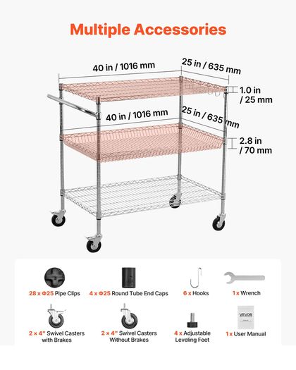 Kitchen Utility Cart 3 Tier Heavy Duty Adjustable Wire Storage Rack