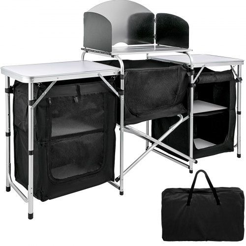 Black Camping Outdoor Kitchen Steel Windscreen Camping Kitchen Storage Table 3 Zippered Bags Camping Cook Table 2 Side Tables Camp Cook Table Portable Outdoor Camping Table for Outdoor (FREE SHIPPING)