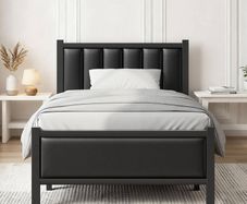 Single Bed Frame with Upholstered Headboard, 3ft Metal Beds with Sturdy Steel Slats Support Platform, Black Single Bed with Storage, Noise Free, Easy Assembly, No Box Spring Needed