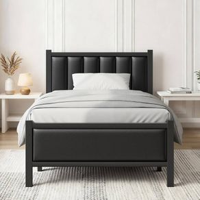 Single Bed Frame with Upholstered Headboard, 3ft Metal Beds with Sturdy Steel Slats Support Platform, Black Single Bed with Storage, Noise Free, Easy Assembly, No Box Spring Needed