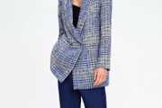 Zara Structured Longline Plaid Tweed Blazer Coat - Blue &amp; Gray