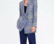 Zara Structured Longline Plaid Tweed Blazer Coat - Blue & Gray