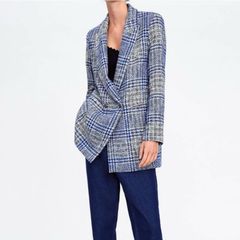 Zara Structured Longline Plaid Tweed Blazer Coat - Blue & Gray