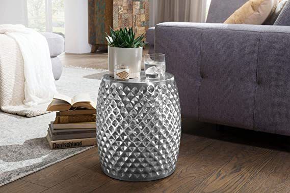 Side Table 32 x 42 x 32 cm Aluminium Silver Oriental Round Flat Hammer Finish Sofa Table Metal Design Living Room Table Modern
