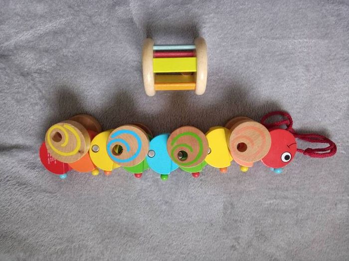 Wooden rattle and caterpillar