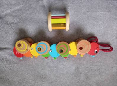 Wooden rattle and caterpillar