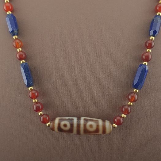 Antique 4 Eyes Himalayan Tibetan Agate With African Carnelian & Lapis Necklace