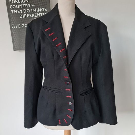 Vintage 1980s avant garde black blazer 1940s style red buttonholes M 10 12 Made in England for Miss Selfridge