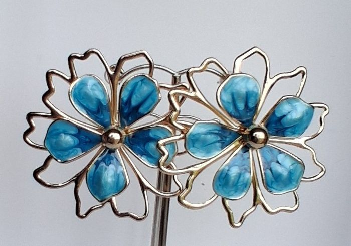 Gold & Teal Sakura Blossom Floral Statement Earrings