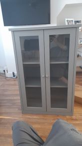 grey cabinet, silver handles