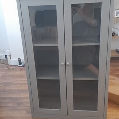 grey cabinet, silver handles