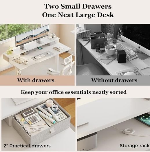 Electric Height Adjustable Desk, with 2 Fabric Drawers, 100x60cm  72-116cm Height, Stable Sit-Stand Standing Desk w. 2 Memory Buttons, Computer Desk for Home Office, 2 pcs Desktops, White