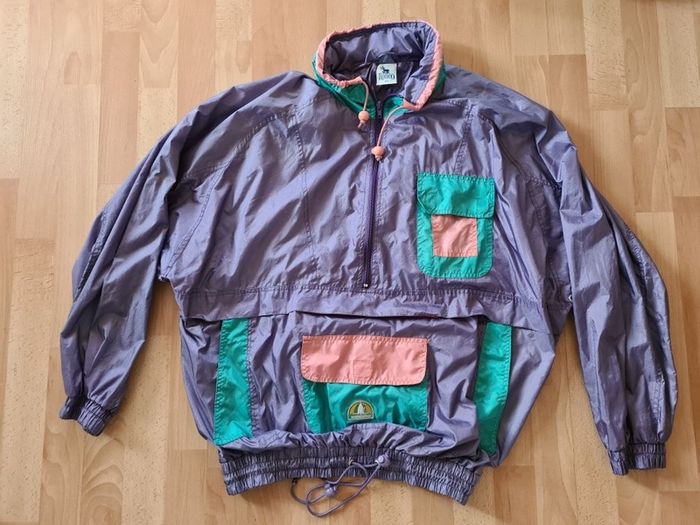 Vintage Retro shinny 80's 90's Rodeo C&A  jumper rainjacket waterproof  hoodie windbreaker colourfull size 44 XL Party
