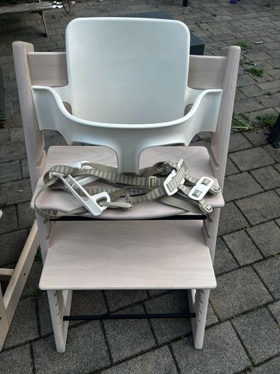2 x Stokke Tripp Trapp Chairs and baby seat/harness