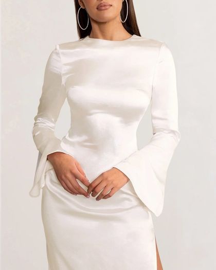 CLUB L Zaina White Long Sleeve Midi Dress With High Neckline Size 14!