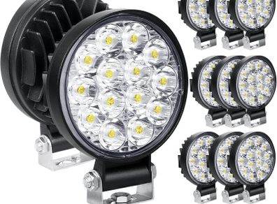 10 Pcs Round Mini Ultr Thin Led Work Light, 3.2 inch 42W Spot Beam, 12V 24V Outdoor Driving Lights Lamp for Car Off road Boat Truck 4x4 SUV ATV Tractors Excavator, 6000K White, Fog Lamp