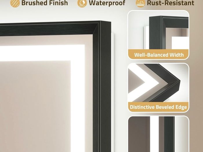 Black Bathroom Mirror with Led Lights 50x70cm, Antifog Wall Vanity Mirror Black Frame