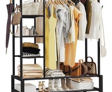 Heavy Duty Clothes Rail, 120KG Black Metal Rack With Double Hanging Clothing Rail, Shoe Rack, Storage Shelves & 4 Coat Hooks, Wardrobe Clothes Rails For Bedroom Office Shop