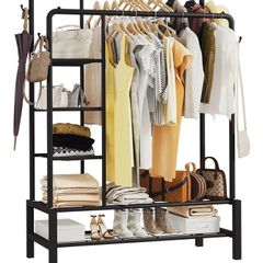 Heavy Duty Clothes Rail, 120KG Black Metal Rack With Double Hanging Clothing Rail, Shoe Rack, Storage Shelves & 4 Coat Hooks, Wardrobe Clothes Rails For Bedroom Office Shop