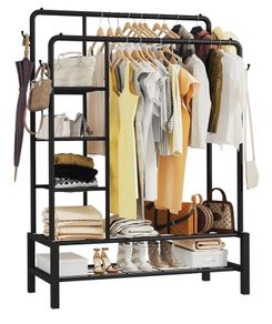 Heavy Duty Clothes Rail, 120KG Black Metal Rack With Double Hanging Clothing Rail, Shoe Rack, Storage Shelves & 4 Coat Hooks, Wardrobe Clothes Rails For Bedroom Office Shop