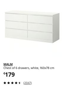 IKEA Malm Chest of 6 Drawers - 160 X 78 CMs - with White Glass Top