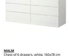 IKEA Malm Chest of 6 Drawers - 160 X 78 CMs - with White Glass Top