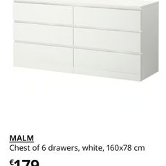 IKEA Malm Chest of 6 Drawers - 160 X 78 CMs - with White Glass Top