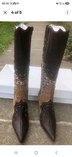 Vicki Beth Brown Animal Print Heeled Boots Pointed Toe Mid Heel UK 4 EU 37