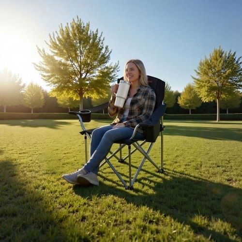 Oversized Camping Chairs, 204 kg Heavy Duty Support, Portable Folding Camp Chairs with Padded Backrest & Armrests, Cup Holder & Side Pocket, Cooler Bag, Carry Bags for Outdoor, Fishing, 2 Pack