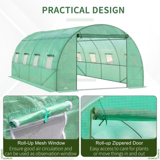 Walk-in Polytunnel Greenhouse - Outdoor Garden Tunnel Greenhouse Tent with Zipped Roll-Up Door and 8 Mesh Windows, 6 x 3M