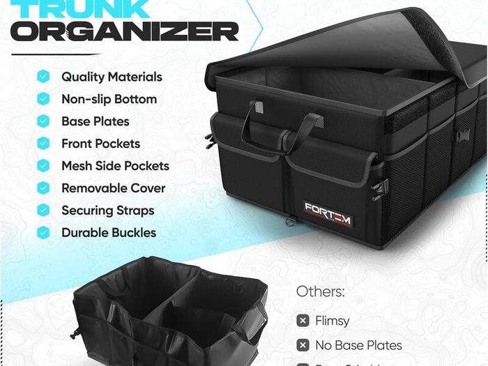 Car Boot Organiser, Collapsible Multi Compartment SUV Organizer, Foldable Storage for Car Accessories for Women Men, 600D Oxford, Non Slip Bottom, Securing Straps, Soft Cover (50L)