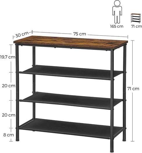 Shoe Rack 4 Tier Shoe Rack Narrow 3 Tier Polyester Fabric Metal Frame Hallway Entrance Industrial Design Vintage Brown/Black
