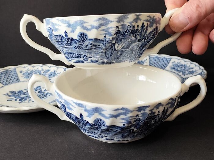 A Set of Six Myott Staffordshire Ironstone Royal Mail Soup Bowls and Melody Saucers