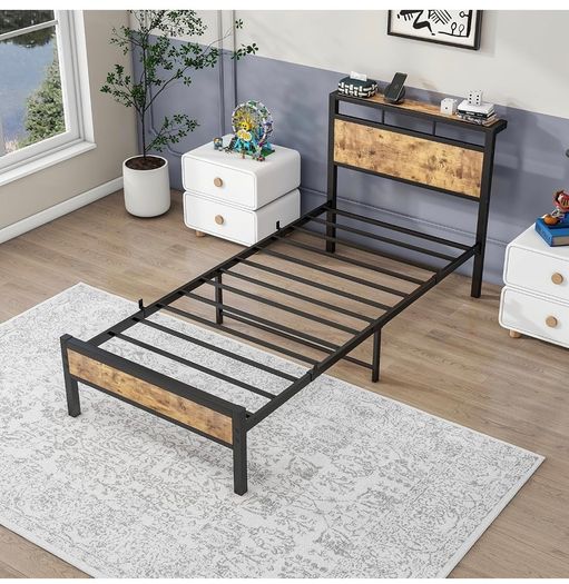 3ft Single Bed Frame with Wooden Storage Headboard, Black Metal Platform, No Box Spring Needed, Noise Free, Reinforced Strong Support Leg,Easy Assembly