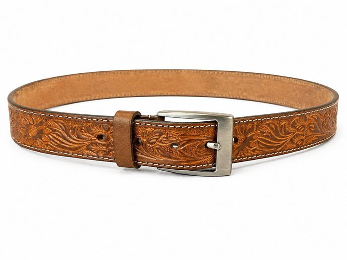 Unisex Genuine Leather Belt Vintage Embossed Design with Antique Buckle Casual & Formal Waist Belt