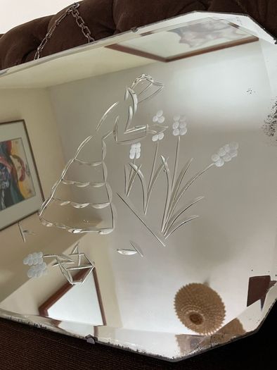 Large Early Mid Century Vintage Beveled Mirror with Reversed Carved Etched Image