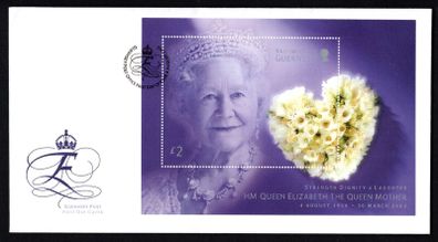 2002 Guernsey Queen Elizabeth The Queen Mother 4th August 1900 - 30th March 2002 Commemorative Stamp Miniature Sheet Official First Day Cover (FDC)