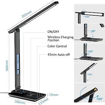 LED Desk Lamp with Wireless Charger, USB Charging Port, 5 Colors 5 Brightness Dimmable Eye-Caring Desk Lamp, Night Lights, Clock & Calendar & Temperature Table Lamp for Home Office MULTIPLE COLOURS AVAILABLE (FREE SHIPPING)