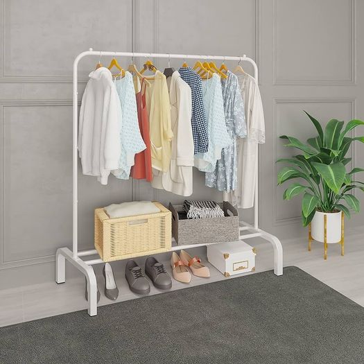 NEW SALE | Metal Clothes Rail 110 CM Clothing Rack Rail Coat Rail with Bottom Rack for Clothes, Coats, Skirts, Shirts, Sweaters, White